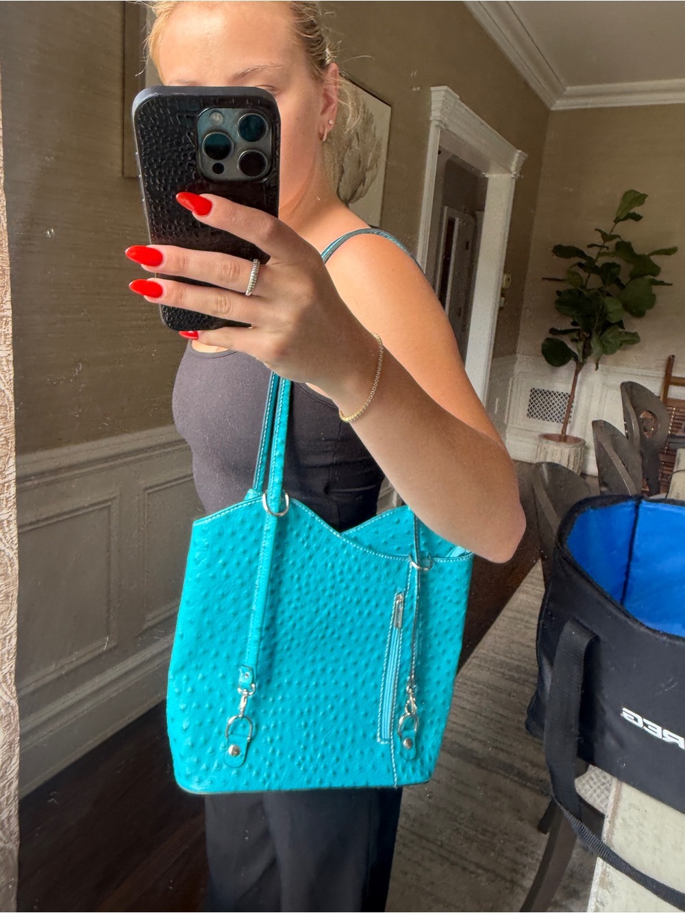 Vintage Turquoise Ostrich-Texture Tote Bag - Women